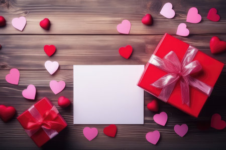 Valentines day background with hearts and gift box on wooden tableの素材