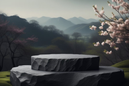 black stone podium with cherry blossom background.の素材
