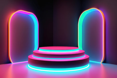 Abstract round podium illuminated with neon light.の素材