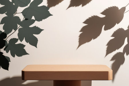 Wooden product stand with leaves shadow on the wallの素材