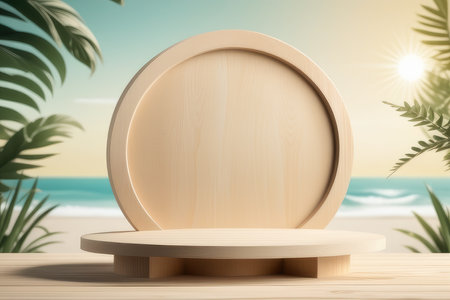Wooden round podium on the beach. mock upの素材