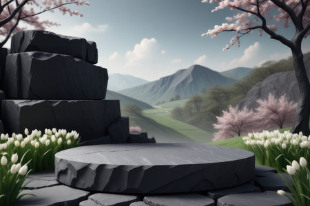 black stone podium with flowers and mountains in backgroundの素材