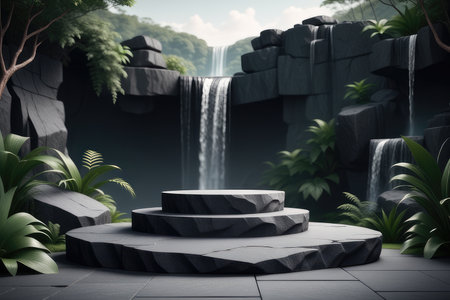 3d render of black stone podium with waterfall in the forest backgroundの素材