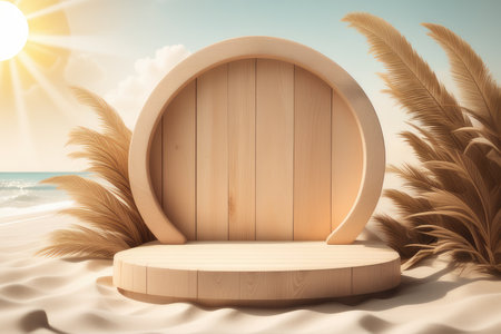 Wooden round podium on the beach with palm leavesの素材