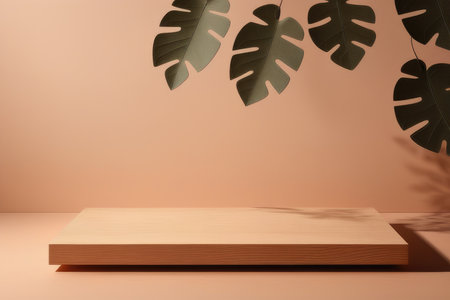 Wooden product stand and monstera leaves shadow on pastel backgroundの素材