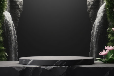 Black marble podium on a black background.の素材