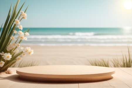 Wooden podium on the beach with flowers. 3d rendering.の素材