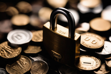 Padlock and coins. The concept of the security of money.の素材