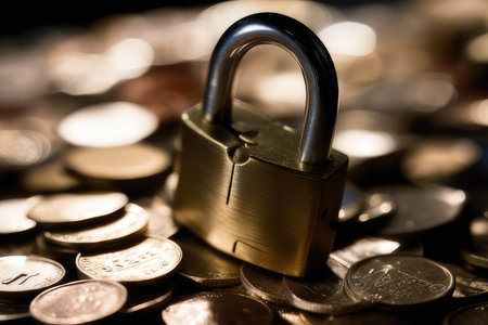 Golden padlock on coins close up. Business security and protection concept.の素材