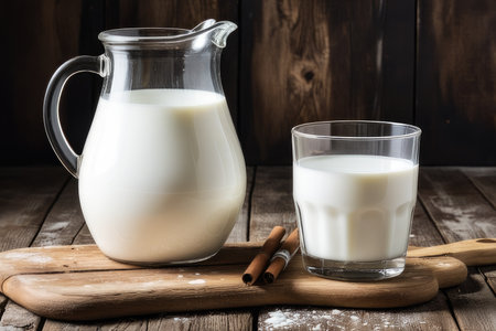 Milk in a glass and a jug on a wooden background.の素材