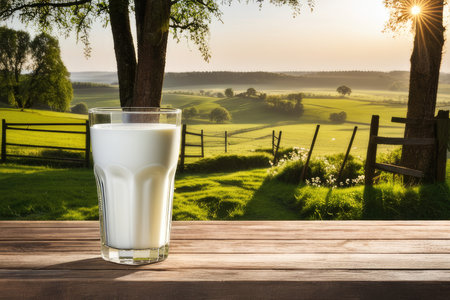 Glass of milk on a wooden table in front of countryside landscape.の素材