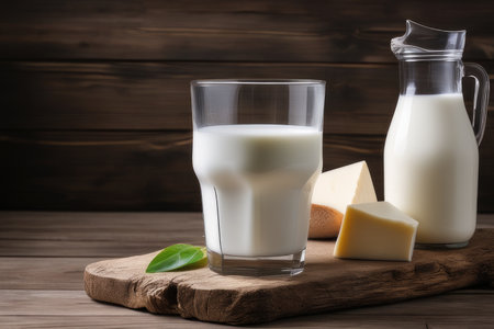 Glass of fresh milk and cheese on wooden table. Healthy dairy productsの素材