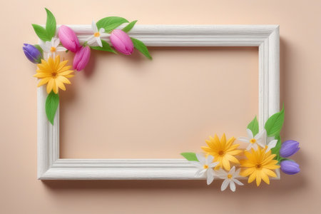 Wooden frame with spring flowers on color background. Flat lay, top viewの素材