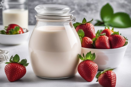 Strawberry yogurt in a glass jar on a gray background.の素材