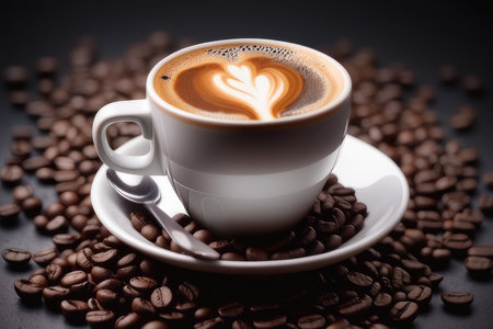 Cup of coffee with latte art on black background with coffee beansの素材
