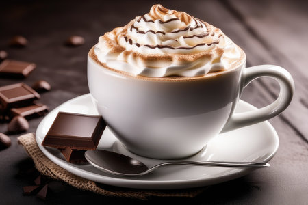 Cup of coffee with whipped cream and chocolate on a black backgroundの素材