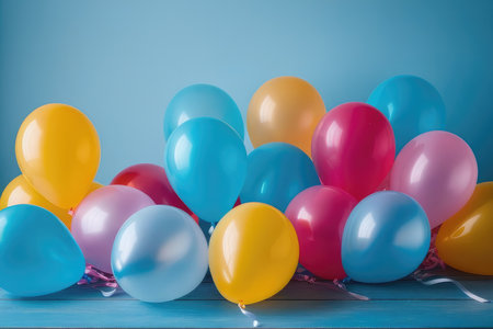 Colorful balloons on blue wooden table. Happy birthday background with copy spaceの素材