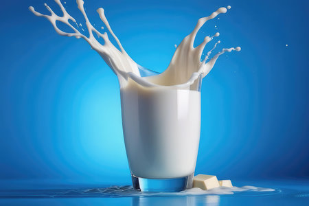 Milk splash in a glass on blue background.の素材