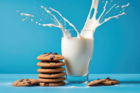 Milk splash out of a glass with cookies on a blue backgroundの素材