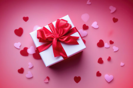 White gift box with red ribbon and hearts on a pink background.の素材