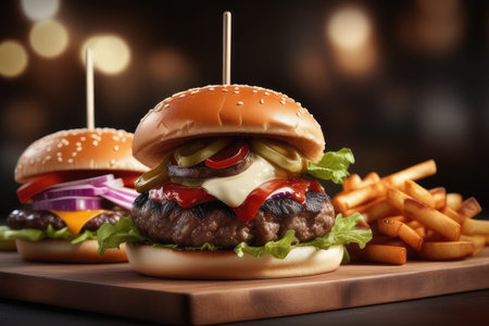 Delicious hamburger with french fries on wooden board, closeupの素材