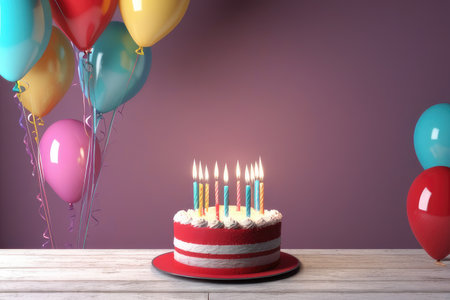 Birthday cake with burning candles and balloons on wooden table against purple wallの素材