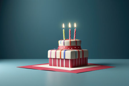 Birthday cake with candles on a blue background. 3d renderingの素材