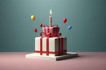 Birthday cake with candle and balloons. 3D render. Background.の素材