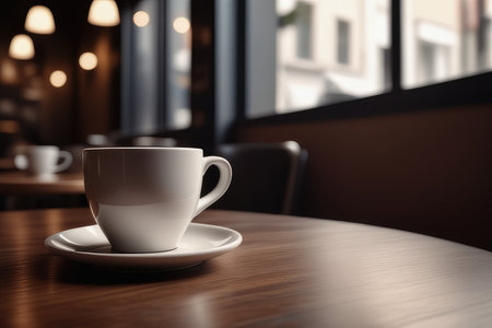 Coffee cup on table in cafe. 3d rendering.の素材