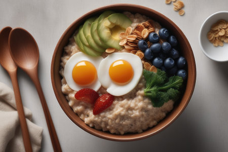 Bowl with tasty oatmeal and eggs on table, top viewの素材