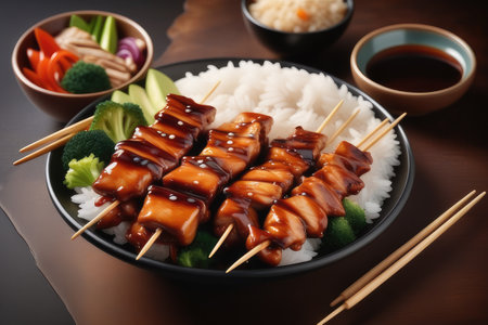 japanese food, teriyaki chicken with rice on wooden backgroundの素材