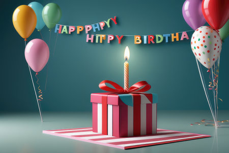 Happy Birthday Card with Gift Box and Balloons. 3D Renderの素材
