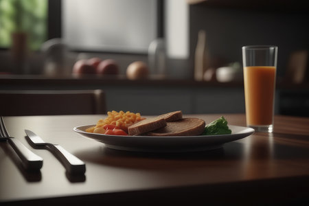 Plate with tasty pasta and tomato on table in kitchen. Space for textの素材