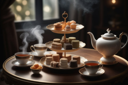 Tea set on the table in a restaurant. Tea party concept.の素材