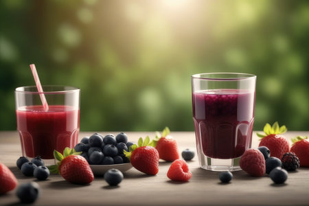 Healthy fresh berry smoothie in glass on wooden table outdoorの素材