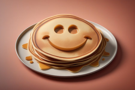 Pancakes with smiley face on a white plate with orange backgroundの素材