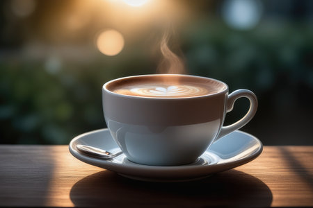 Coffee cup on wooden table in coffee shop, stock photoの素材