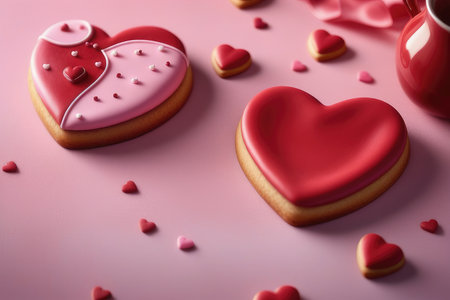 Valentine's day cookies in the shape of hearts on pink backgroundの素材