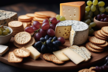 Cheese platter with grapes, crackers and crackers on dark backgroundの素材