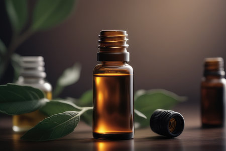 Essential oil in a small bottle with fresh sage leaves on a wooden table.の素材
