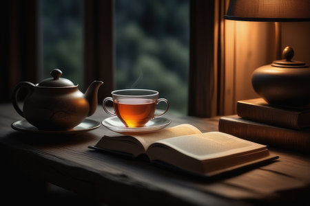 Cup of tea on the windowsill with book and lamp.の素材