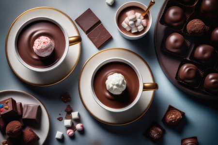 Cup of hot chocolate with marshmallows and chocolate candiesの素材