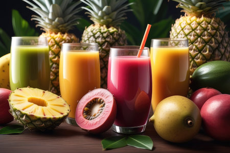 Assortment of fresh juices in glasses and fresh fruits on wooden tableの素材