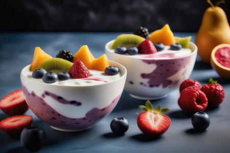 yogurt with fresh fruits and berries on dark blue background.の素材