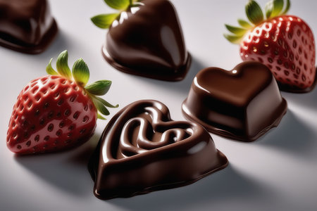 Chocolate candies in the shape of a heart with strawberries.の素材