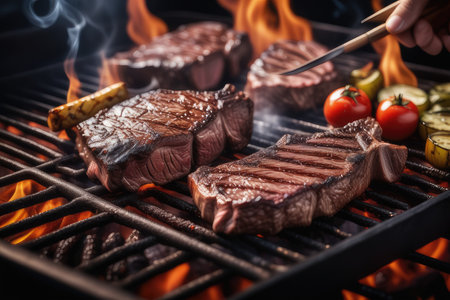 Grilled beef steaks on a barbecue grill with flames and smokeの素材