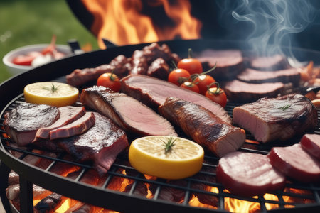 Barbecue with delicious steaks and vegetables on grill outdoors, closeupの素材