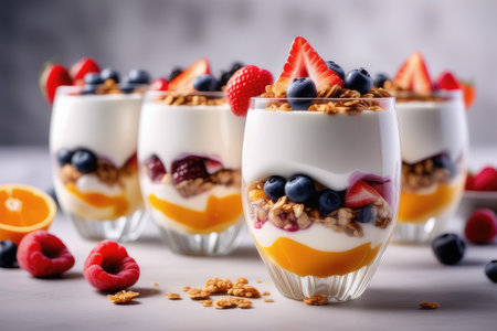 Healthy breakfast with yogurt, granola and berries. Selective focusの素材