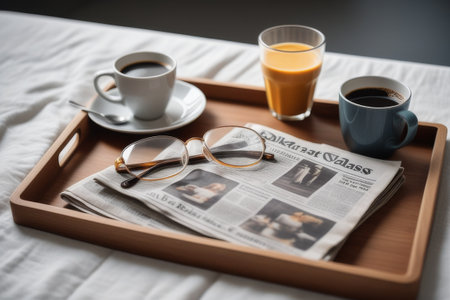 Coffee, newspaper and glasses on bed in the morning.の素材