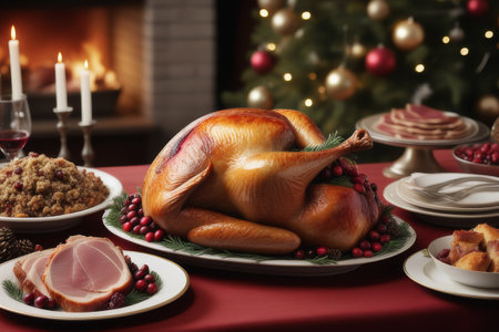 Christmas dinner with roasted turkey on table in decorated room, closeupの素材